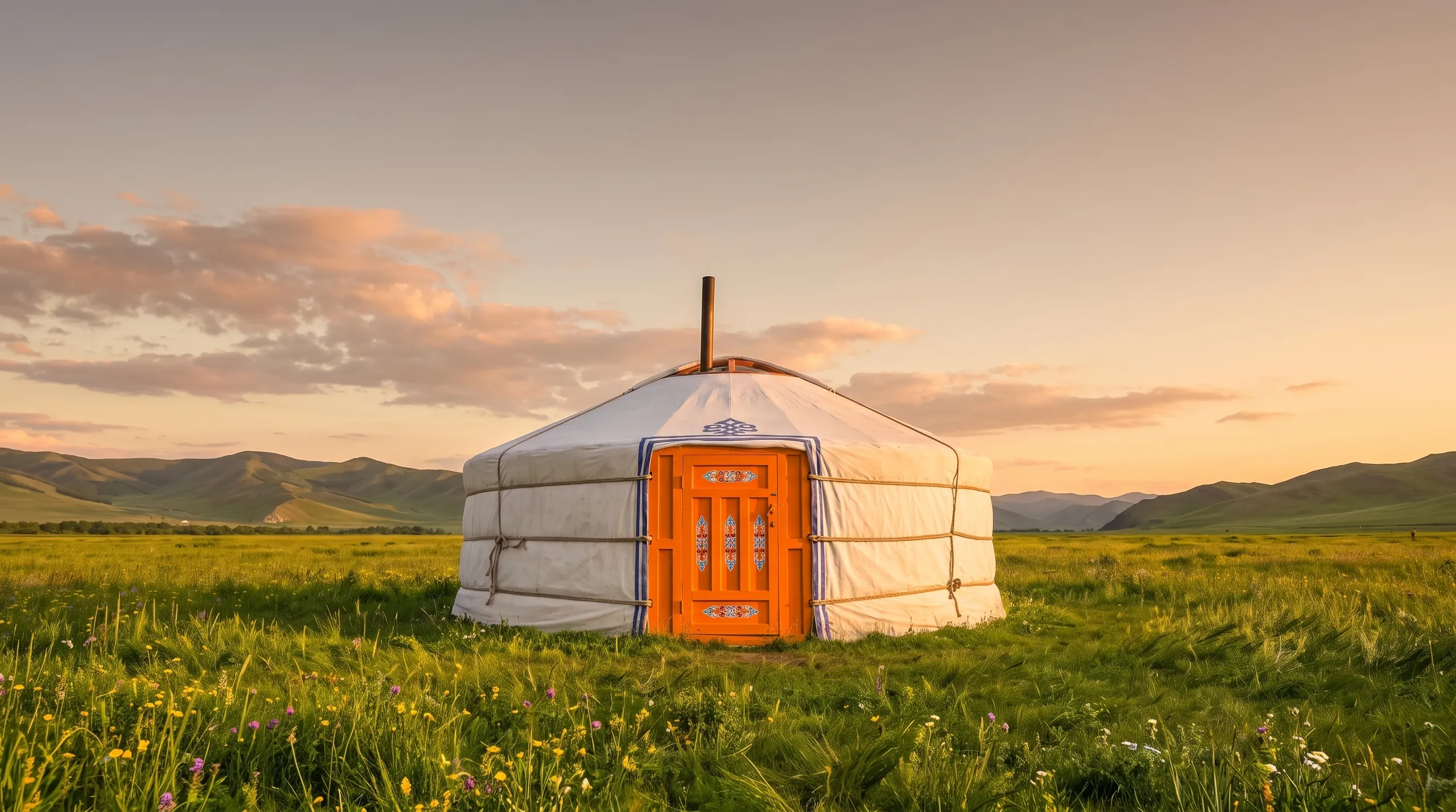 The ger at golden hour, warm sky, wildflowers in the long grass