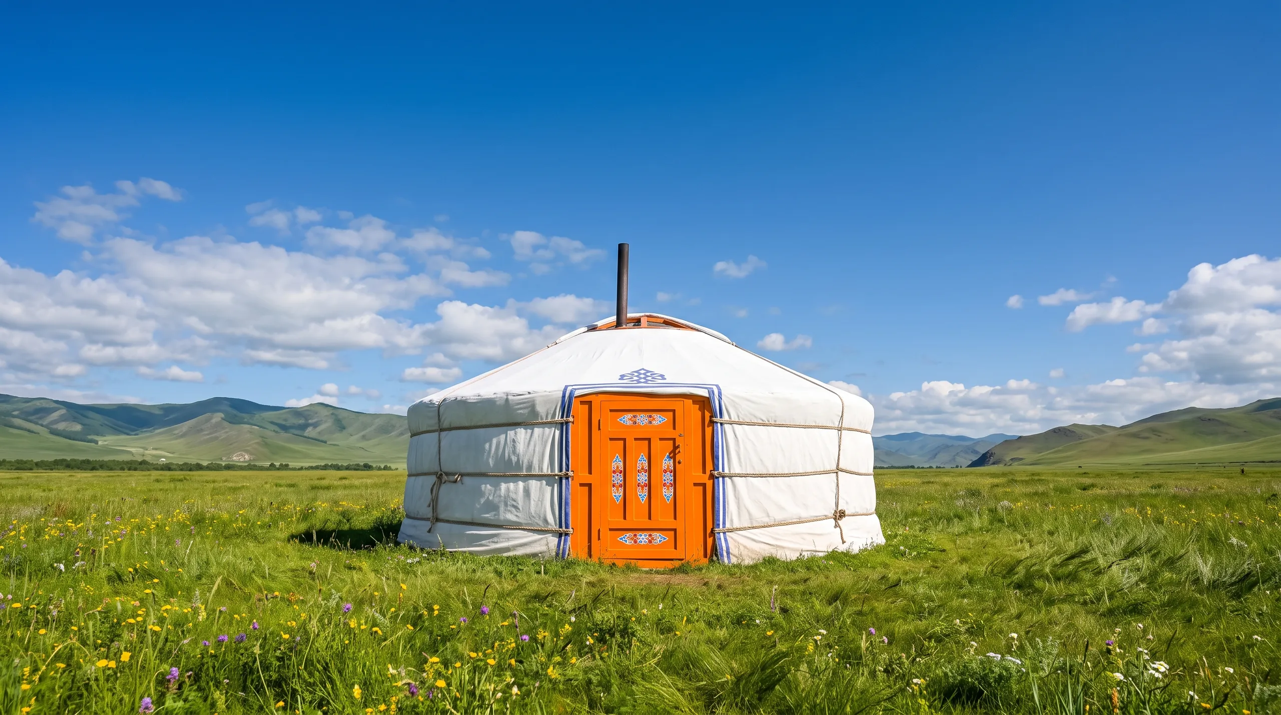 A white ger on the green summer steppe, painted door facing you