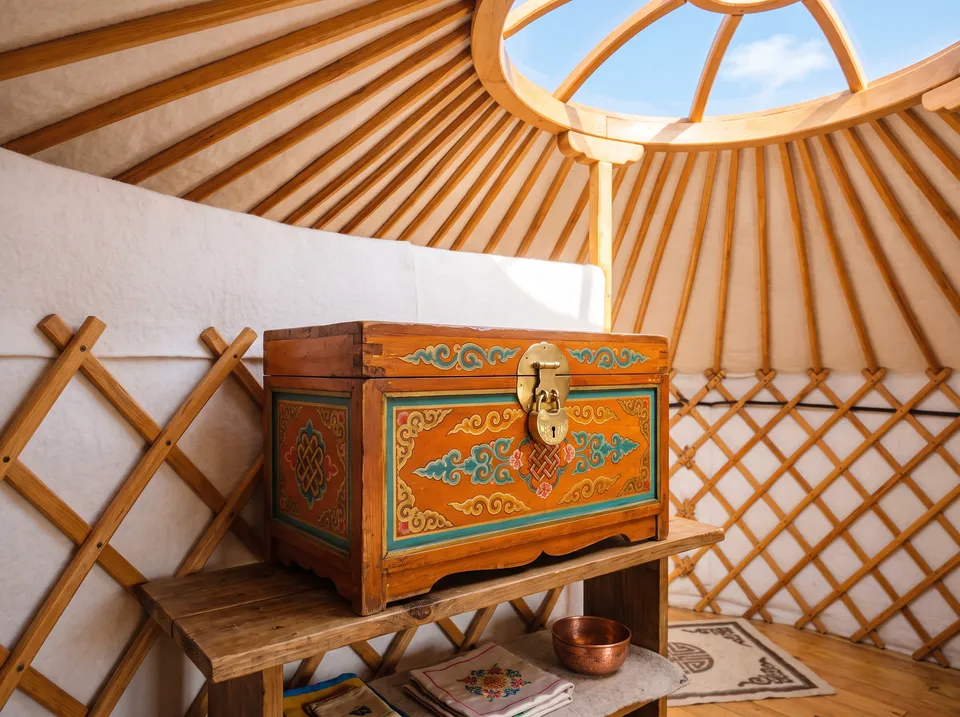 A painted Mongolian chest with a brass lock in warm daylight