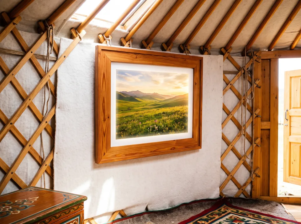 A framed golden landscape glowing on the sunlit lattice wall