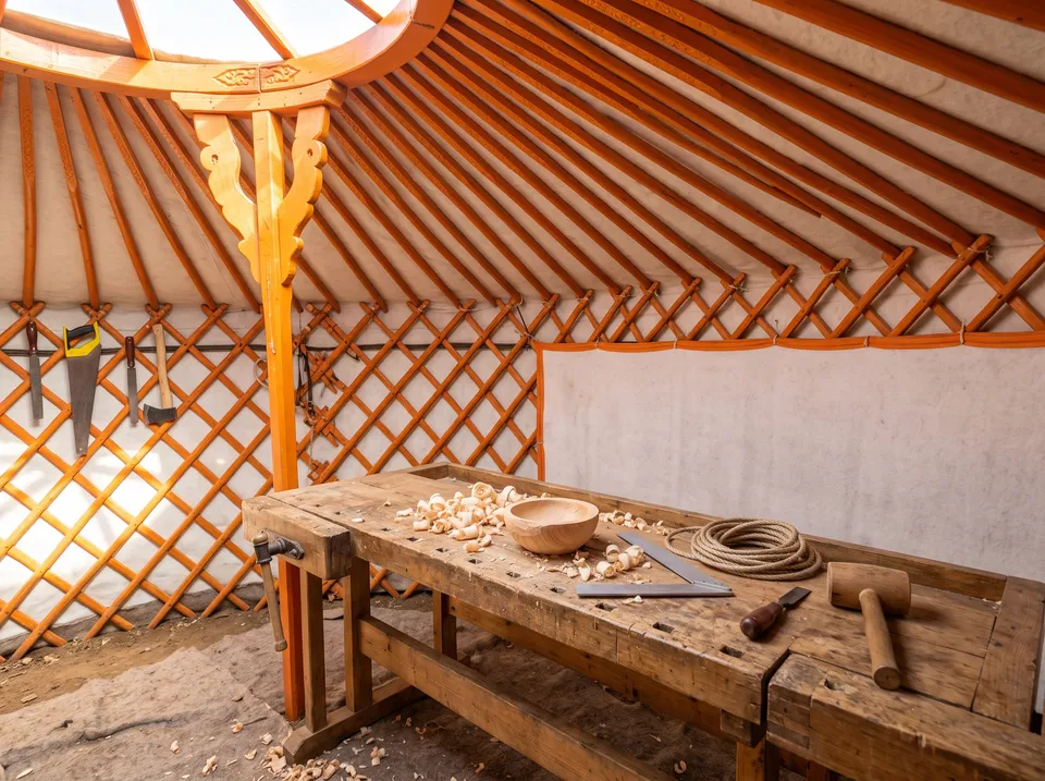 A sunlit carpenter workbench inside the ger, shavings and fresh rope